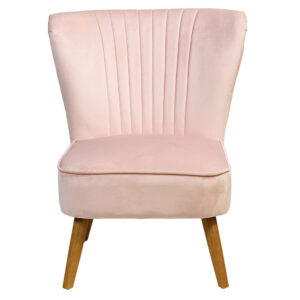 This image is of UK made, Kyoto designed pink velvet Shell Accent Chair with a scalloped backrest, offered exclusively at ApleyBeds.co.uk. Its luxurious velvet upholstery and robust natural rubberwood construction offer both elegance and durability.