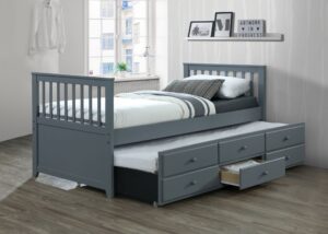 This image shows a captain bed with a trundle and storage drawers. The bed is made of wood and has a white finish. The headboard is tall and has a curved top. The trundle bed is located underneath the main bed and can be pulled out for extra sleeping space. The storage drawers are located at the foot of the bed and provide additional storage space. This bed is perfect for anyone who wants a stylish and practical bed for their bedroom. The trundle bed and storage drawers make it a great option for families with children or for anyone who needs extra storage space.