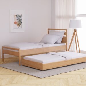 Skandi Mid Century Guest Bed with a pull-out trundle in a bright, minimalistic bedroom setting.