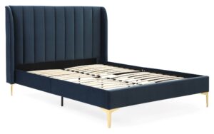 This image shows a king-size Avery bed from Apleybeds.co.uk. The bed is made of solid wood and has a classic and timeless design. The headboard is tall and has a curved top. The bed is upholstered in a luxurious blue ink velvet fabric.