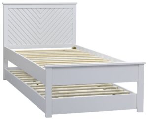 This image shows a chevron guest bed made from sustainable wood in the UK by Kyoto. The bed has a painted finish and a chevron headboard and footboard. The bed is also equipped with a trundle bed. The image is set against a white background.