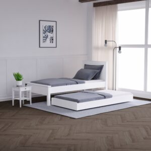 open Chevron Guest Bed with bedding in roomset