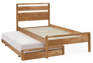 Scandi Mid Century Guest Bed in light wood finish. A wooden bed with a mid-century modern design. Perfect for a guest bedroom or a child's room. Available as a single