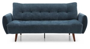 A contemporary sofa bed upholstered in a navy coloured eryx chenille fabric. The sofa features a tufted backrest, curved armrests, and tapered wooden legs, combining modern design with a touch of classic elegance.