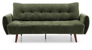 A contemporary sofa bed upholstered in a olive coloured eryx chenille fabric. The sofa features a tufted backrest, curved armrests, and tapered wooden legs, combining modern design with a touch of classic elegance.
