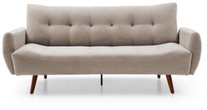 A contemporary sofa bed upholstered in a natural coloured eryx chenille fabric. The sofa features a tufted backrest, curved armrests, and tapered wooden legs, combining modern design with a touch of classic elegance.