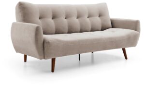A contemporary sofa bed upholstered in a natural coloured eryx chenille fabric. The sofa features a tufted backrest, curved armrests, and tapered wooden legs, combining modern design with a touch of classic elegance.