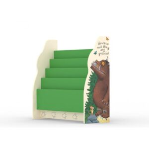 a Gruffalo bookshelf, designed with tiered, green shelves on the left resembling the forest's layers and a tall side panel featuring an illustration of the Gruffalo next to the text. There's no such thing as a grufffalo? Perfect for inspiring young readers