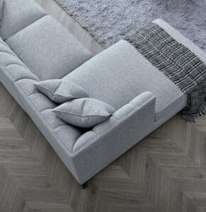 Aerial view of the Cooper sofa in Dolphin Bouclé, highlighting its design and cushions.