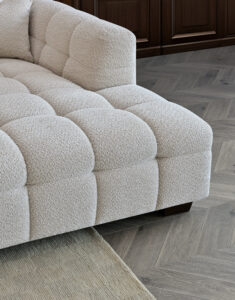 Side view of the Tribeca Corner Sofa in Oatmeal Bouclé fabric