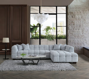 Spacious living room with a modern Tribeca Corner Sofa set in Pearl bouclé fabric