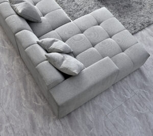 Aerial view of the Leonard modular sofa showcasing the detailed cushion design in cloudy grey.