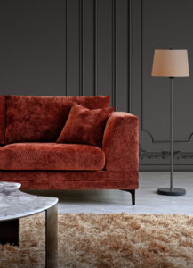 Side view of Lenox Sofa in Rust Velvet with elegant design
