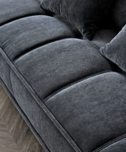 Cushion detail on Gramercy Sofa in Steel Velvet with plush design
