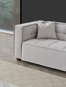 Close-up of the Murray Sofa in Putty Boucle fabric with high-rise boxy arms