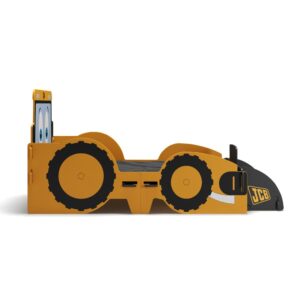 JCB-themed toddler bed with scoop and large wheels design.