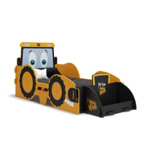 JCB-themed toddler bed with scoop and large wheels design.