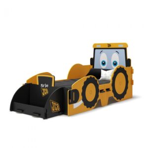 JCB-themed toddler bed with scoop and large wheels design.