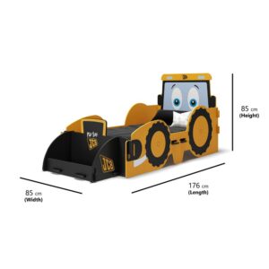 JCB-themed toddler bed with scoop and large wheels design.