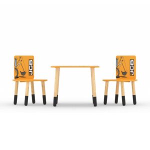 JCB-themed table and two chairs set for kids featuring vibrant JCB graphics.