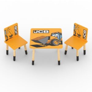 JCB-themed table and two chairs set for kids featuring vibrant JCB graphics.