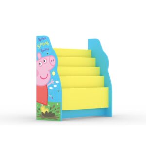 Peppa Pig themed sling bookcase with vibrant yellow shelves and Peppa Pig character on side panels.