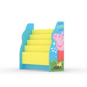 Peppa Pig themed sling bookcase with vibrant yellow shelves and Peppa Pig character on side panels.