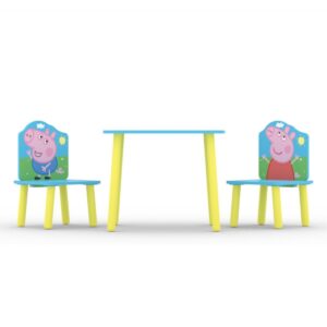 Peppa Pig-themed children's table and chair set featuring Peppa and George characters with bright yellow legs and blue seating.