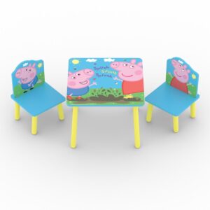 Peppa Pig-themed children's table and chair set featuring Peppa and George characters with bright yellow legs and blue seating.