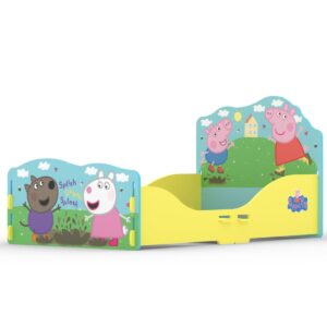 Peppa Pig toddler bed featuring colourful Peppa Pig characters with a bright yellow and blue frame.