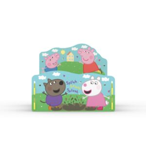 Peppa Pig toddler bed featuring colourful Peppa Pig characters with a bright yellow and blue frame.