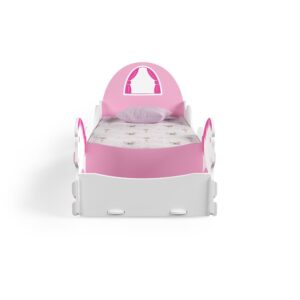 Pink and white princess carriage toddler bed with detachable horses.