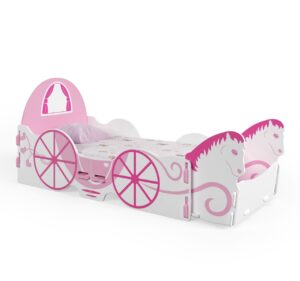 Pink and white princess carriage toddler bed with detachable horses.