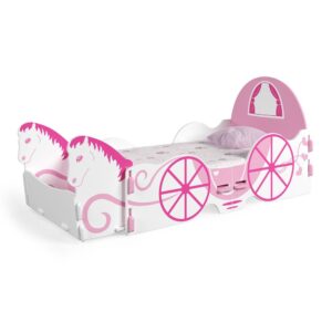 Pink and white princess carriage toddler bed with detachable horses.