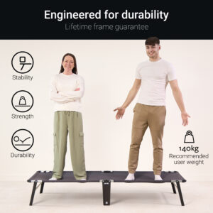 Two people standing on a Jay-Be CE70 Compact Folding Bed, demonstrating its strength and durability.