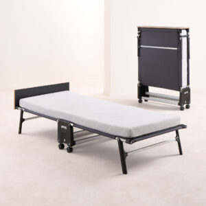 Jay-Be RE80 Rollaway Folding Bed in open and folded positions, showcasing its compact design with a mattress and headboard.