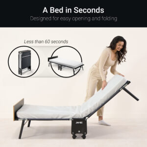 Woman unfolding a Jay-Be Rollaway bed from its compact folded form, showcasing the ease of setup in less than 60 seconds.