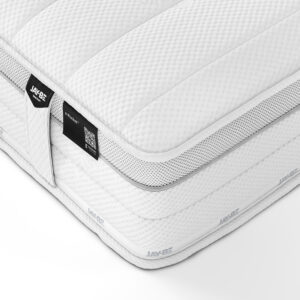 Close-up of a Jay-Be TrueCore Eco Friendly e-Pocket mattress with a soft white quilted cover, featuring breathable fabric and a clean, modern design.