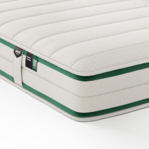 A close-up of the Natural Fresh Bamboo Eco-Friendly Children's Mattress by Jay-Be, featuring a plush, quilted bamboo fabric top with a green trim along the sides. The mattress showcases a deep pocket spring core for superior support.