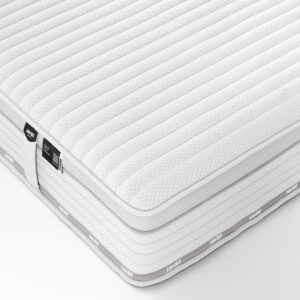 Close-up of the JayBe Truecore Eco-Friendly Hybrid 2000 e-Pocket Mattress, displaying its quilted, breathable fabric, and supportive layers.