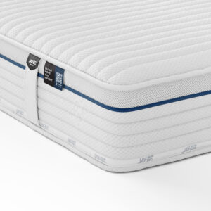 A white and blue Bio Cool Hybrid 2000 e-Pocket mattress from Jay-Be with quilted texture and branding tags on the side, showing its eco-friendly features.