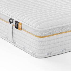 Jay-Be Bio Fresh Hybrid 2000 e-Pocket mattress in a white and yellow design, featuring quilted fabric with a breathable texture and firm support.