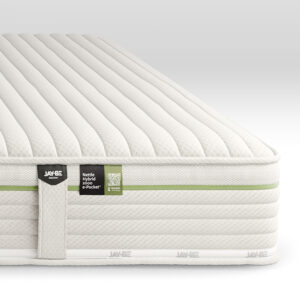 A Jay-Be Nettle Hybrid 2000 e-Pocket Mattress with a soft, quilted surface featuring a green trim, natural fibres, and a supportive design.