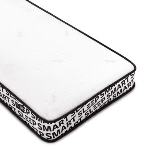 A top view of the Jay-Be mattress with a white, soft-knitted fabric surface. The side border features black piping and the words "Sleep Smart" printed in black across a white background.