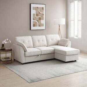 Willow Corner Sofa Bed in a natural colour with chaise, styled in a modern living room setting.