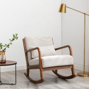 Inca Rocking Chair with natural wood frame and cushioned seat in a contemporary living room.