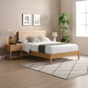 Ezra rattan bed frame in a cozy bedroom setup with natural wood tones, linen bedding, and minimalist decor.