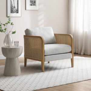 Mabel Rattan Chair with chic grey upholstery and light wooden accents