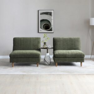 Two Scott Click Clack Chairs upholstered in olive chenille fabric with wooden legs, positioned side by side in a modern living room setting.