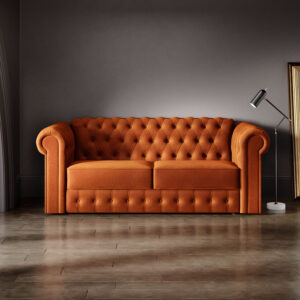 Chesterfield 3 Seater Sofa Bed in warm orange fabric with deep button tufting and rolled arms.